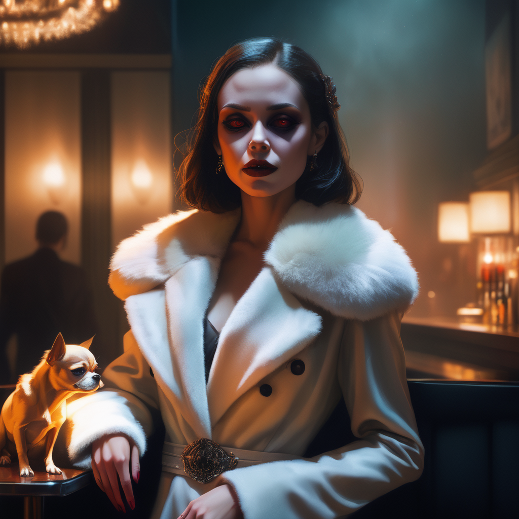 10993-2446689033-VtmArt, painting, closeup portrait of a pale girl with glowing eyes and fangs in classy dress and furcoat holding a chihuaha dog.png